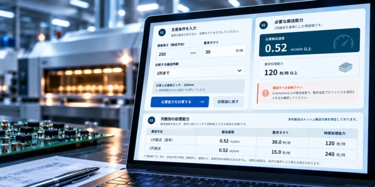 リフロー炉の搬送速度と処理能力を計算するタクトシミュレーター