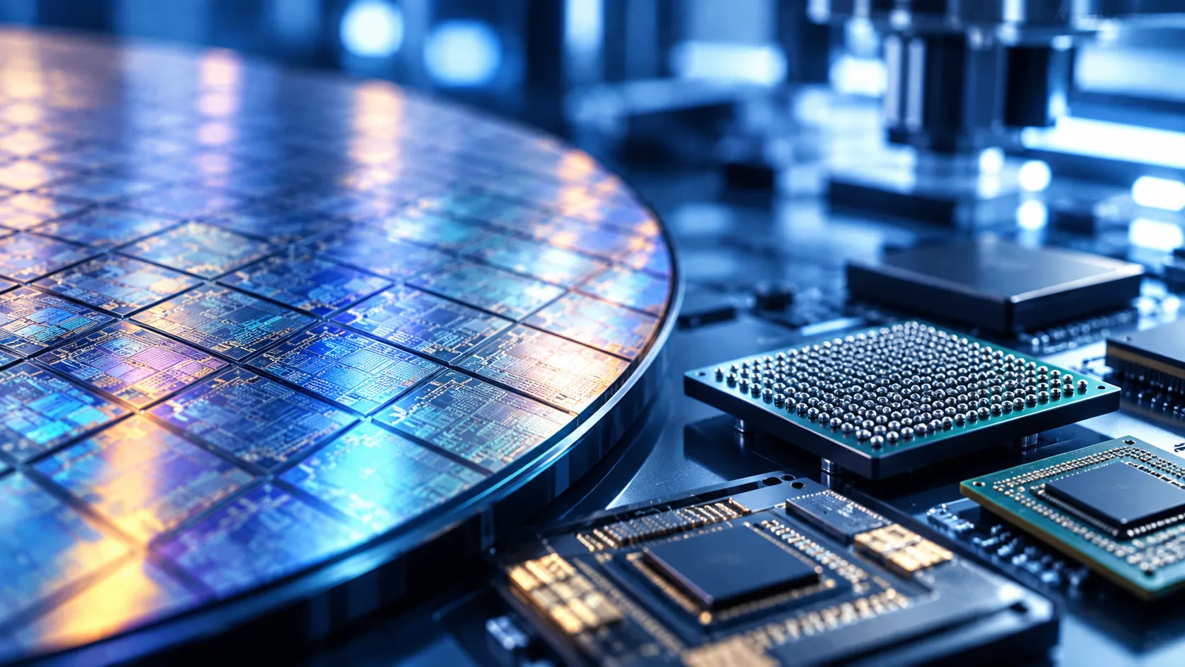 半導体ウェハと先端パッケージをイメージした半導体・先端パッケージ用途
